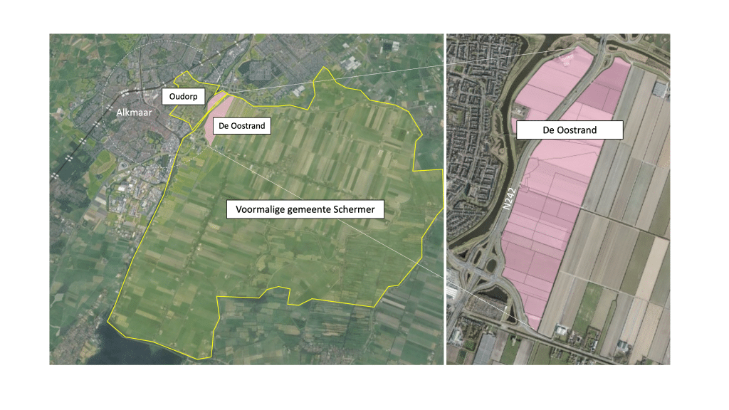 Kaart van het gebied. De Oostrand ligt in Oudorp en voormalige gemeente Schermer, aan beide kanten van de N242.