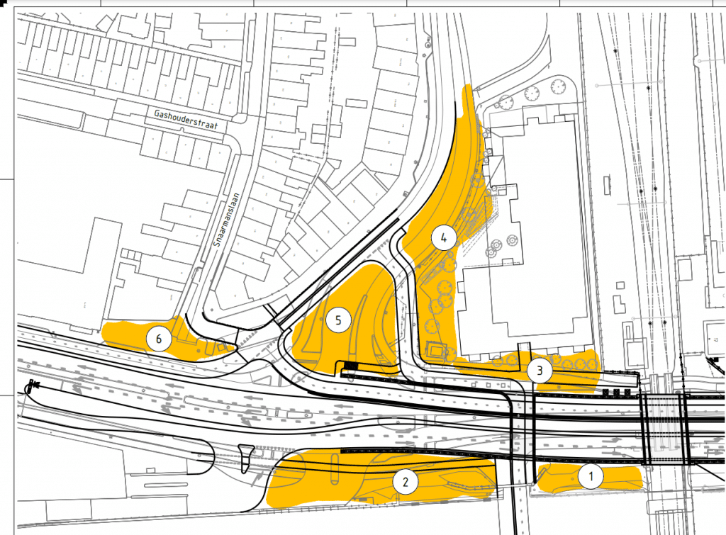 tekening van de 6 open plekken rondom de spooronderdoorgang